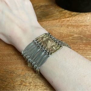 🖤 VTG Alpaca Silver Brass Embossed Mexican Panel Cuff Bracelet Signed